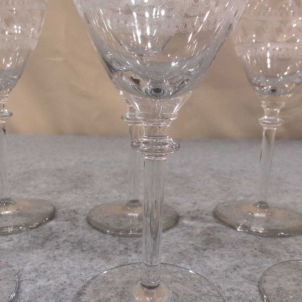 Vintage Etched Lace Crystal Wine Glasses Set of 8 Clear Stemmed Goblets - Picture 5 of 7